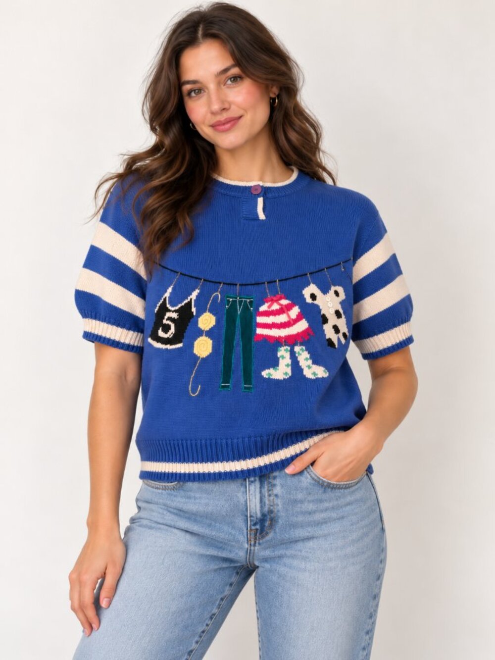Vintage MS. SHERYL Blue Knit Sweater Farmyard Clothesline Graphic Grandma